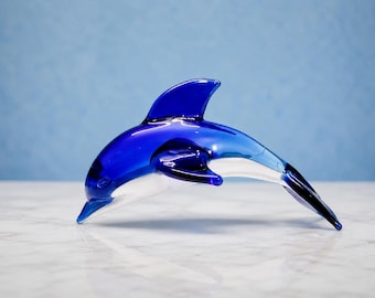 Blown Glass Dolphin Fish Figurine, Blue And white Miniature Fish Sculpture, Ocean Decor