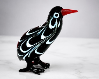 Handmade Blown Glass Penguin Figurine, Black White Bird Animal Decor