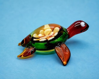Handmade Blown Glass Turtle Sculpture | Colorful Sea Animal Art, Coastal Decor