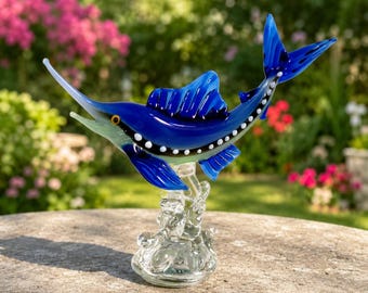 Handmade Blown Glass Swordfish Sculpture, Miniature Ocean Animal Art, Nautical Decor