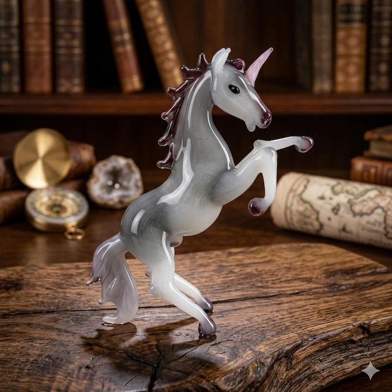 May include: A glass unicorn figurine in a rearing pose. The unicorn has a gray body with a pink horn and dark red mane and hooves. The figurine is displayed on a wooden surface.