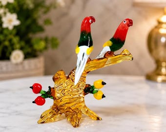 Hand Blown Glass Parrot Couple Figurine, Miniature Love Birds Sculpture, Colorful Branch Decor