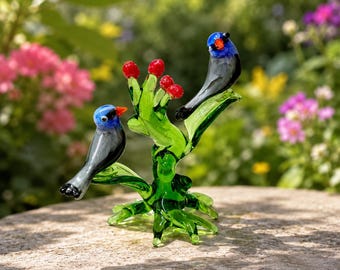 Handmade Borosilicate Glass Love Birds Figurine, Colorful Tree Branch Sculpture
