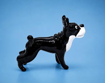 Handmade Blown Glass Dog Figurine, Black White Puppy Miniature, Animal Collectible Art