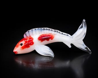Hand Blown Glass Koi Fish Figurine, Red White Miniature Sculpture, Japanese Art Aquarium Decor