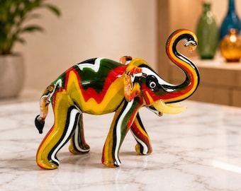 Handmade Blown Glass Elephant Figurine, Colorful Animal Sculpture, Lucky Home Decor