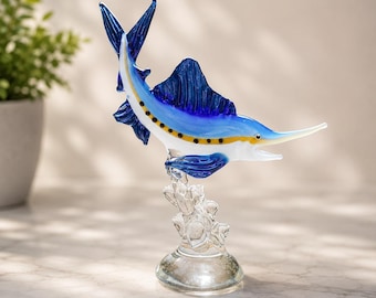 Handmade Blown Glass Swordfish Sculpture, Miniature Ocean Animal Art, Nautical Decor