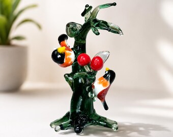 Hand Blown Glass Bird Couple Sculpture, Borosilicate Love Birds on Tree, Miniature Nature Decor