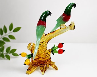 Handmade Blown Glass Macaw Parrots on Branch Sculpture, Colorful Tropical Bird Decor