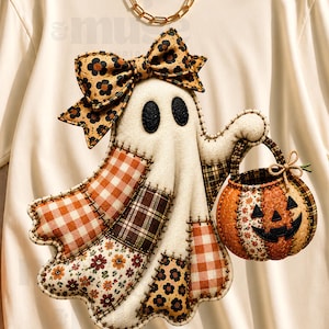 Patchwork Ghost PNG, Ghost Pumpkin Bag PNG, Cute Ghost Sublimation, Farmhouse Halloween PNG, Boutique Fall Shirt Design