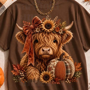 Op de afbeelding: Een bruin T-shirt met korte mouwen en een afbeelding van een pluizige Schotse hooglander met een fluwelen strik en een bloemenkrans. De koe is omringd door zonnebloemen, herfstbladeren en een pompoen met een patroon. Erboven ligt een gouden ketting.
