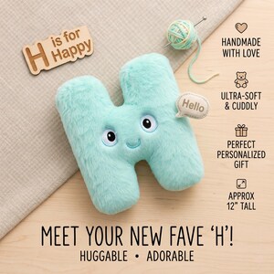 Puede incluir: Una letra 'H' de peluche azul claro con una cara sonriente y ojos grandes. Un letrero de madera dice 'H is for Happy'. El texto 'Hello' está en un bocadillo. El texto 'Meet Your New Fave 'H'!' está en la parte inferior.