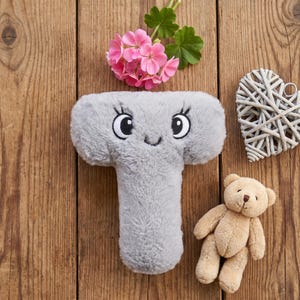 Puede incluir: Una letra "T" de peluche gris con una cara sonriente, pestañas y ojos grandes. La letra está sobre una superficie de madera, acompañada de flores rosas, un corazón tejido y un pequeño osito de peluche.