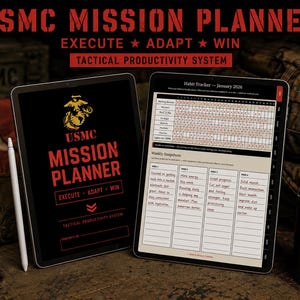May include: Two black tablets displaying the text "USMC MISSION PLANNER" in red, with the USMC emblem. One tablet shows a habit tracker for January 2026. A white stylus rests beside the tablets. The background has a military theme.