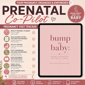 Puede incluir: Un planificador de embarazo digital titulado Prenatal Co-Pilot y bump to baby: Pregnancy Appointment and Lifestyle Journal. El diseño presenta una lista de herramientas de seguimiento que incluyen planificadores semanales y páginas de parto.