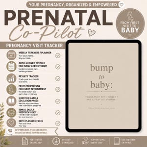 May include: A digital pregnancy planner titled Prenatal Co-Pilot featuring a tablet displaying the cover page bump to baby: Pregnancy Appointment and Lifestyle Journal. The layout includes a list of features like weekly trackers, ACOG aligned testing, results tracker, fruit comparison, question bank, doula interview guide, and birth planning pages.