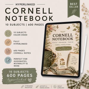 May include: A digital Cornell notebook on a tablet, with the text "Cornell Notebook" and "10 Subjects | 600 Pages". The design includes "Focus, Organize, Thrive" and "Cornell Notes System". The notebook is designed for college and high school students, with a minimalist aesthetic.