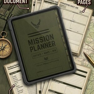Pode incluir: Um planejador militar digital com o texto "MILITARY PLANNER DIGITAL PLANNER ETS" no topo. O planejador inclui páginas de planejamento diário, um rastreador de hábitos e seções de motivação e planejamento de carreira mensais.
