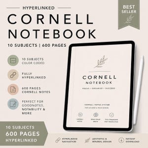 Op de afbeelding: Digitaal Cornell-notitieboek met 10 vakken en 600 pagina's. Het notitieboek is volledig hyperlinked en kleurgecodeerd. Kenmerken zijn het Cornell-notitiesysteem, esthetisch en minimalistisch design en direct downloaden.