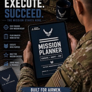 May include: A digital tablet displaying a "Mission Planner" graphic, held by a person in a U.S. Air Force uniform. The image includes text: "Plan. Execute. Succeed." and "Built for Airmen. Designed for Victory."