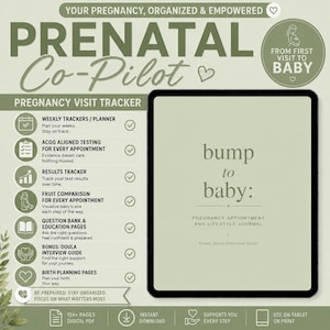 May include: A digital pregnancy planner titled Prenatal Co-Pilot and bump to baby: Pregnancy Appointment and Lifestyle Journal. The sage green interface lists features including weekly trackers, ACOG aligned testing, results tracker, fruit comparison, question bank, doula interview guide, and birth planning pages.