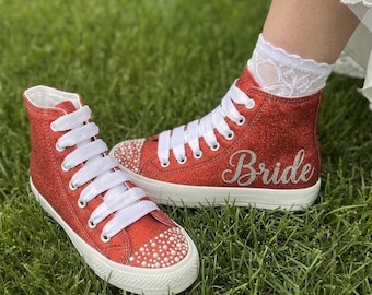 Personalized Red Bridal Shoes | Custom Glitter Sneakers | Sparkly Pearl Wifey Trainers.
