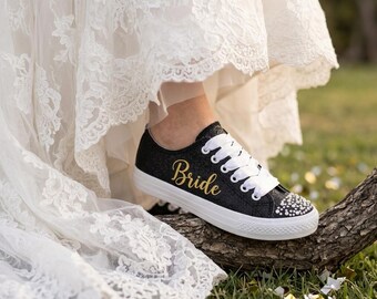 Scarpe da sposa nere per matrimonio, sneakers personalizzate con strass, regalo scintillante personalizzato per la sposa