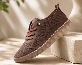 Brown Leather Women's Sneakers, Lightweight Walking Shoes