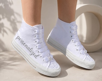 Sparkly White Rhinestone Platform Sneakers - Handmade Crystal Party Shoes for Bachelorette & Bridal