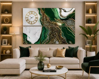 Panel decorativo de resina artesanal con detalles dorados y reloj / Decoración de pared artesanal resistente a los rayos UV / Arte moderno para el hogar