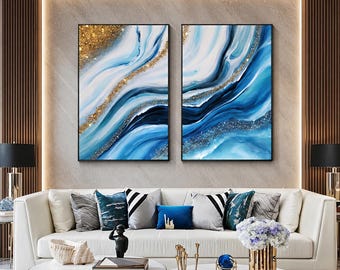 Díptico abstracto de resina azul para pared / Decoración artística de epoxi hecha a mano / Arte mural de lujo inspirado en el océano / Ecológico, con protección UV