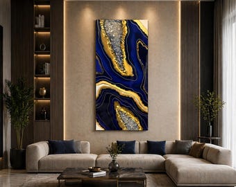 Decoración de pared de resina azul y dorada de lujo / Adorno de pared hecho a mano / Decoración de pared moderna resistente a los rayos UV para la sala de estar