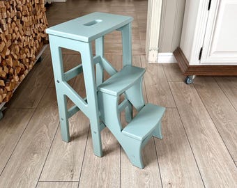 Wooden Folding Step Stool. Handmade Kitchen Step Ladder. Adult Step Stool. Space Saving Folding Stool. Made in Britain. Duck Egg Blue