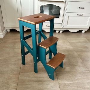 May include: A three-step wooden stool featuring a deep teal frame and metallic copper-colored treads. The top step includes a rectangular cutout handle, and the structure is held together with visible silver-toned metal screws on the side panels.