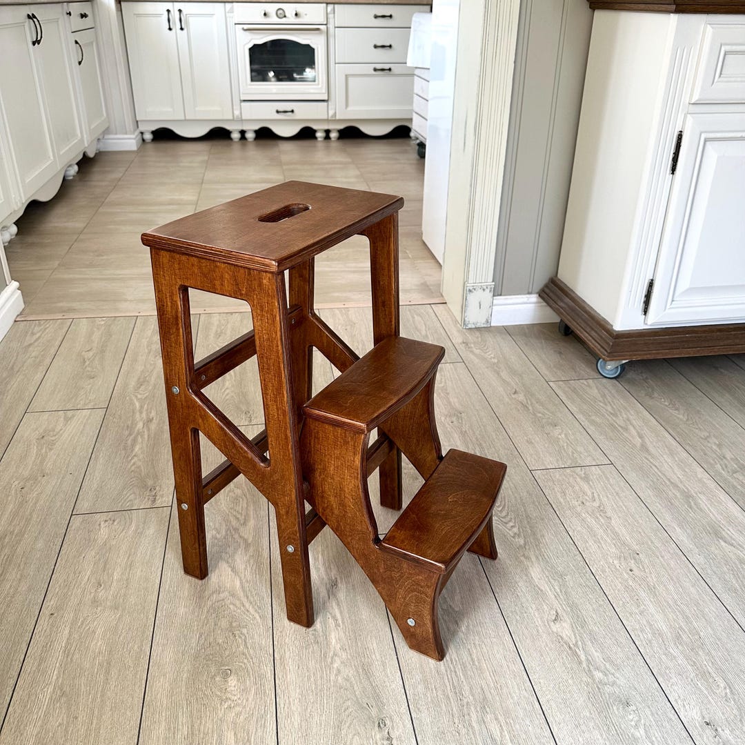 Folding Step Stool Adult, Walnut Color Stepladder, Library Ladder ...
