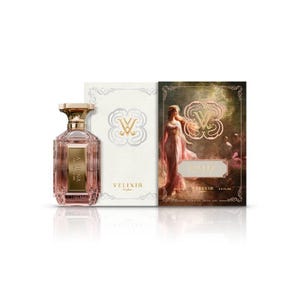 May include: A perfume bottle and box set. The perfume bottle is a rectangular shape with a gold cap and a pinkish hue. The box features the brand name "VELIXIR" and a woman in a flowing gown. The product is labeled "ATHENA Eau de Parfum".