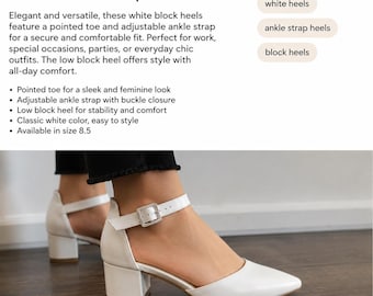 Women’s White Pointed Toe Block Heels – Ankle Strap Dress Shoes Size 8.5