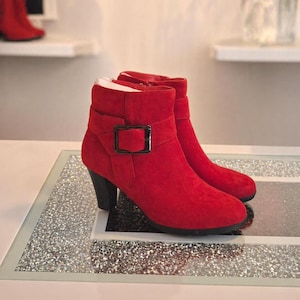 short red dress boots Mostsola Womens Ankle Boots Low Top Round Toe Leather Front Zipper Chunky Heel Short Booties Casual Elastic Slip on Dress Boots Red Size 8.5, Women's