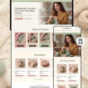 Peut inclure: Maquette de site web pour une boutique de crochet, avec une femme en train de tricoter. Le site présente des articles de crochet faits à la main comme des couvertures, des coussins et des dessous de verre. Le texte indique "Handmade Crochet For Cozy Everyday Living."