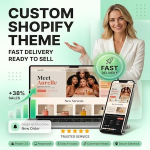 Peut inclure: Image promotionnelle pour un thème Shopify, avec un ordinateur portable et un smartphone affichant une conception de site Web. Le texte indique "CUSTOM SHOPIFY THEME" et "FAST DELIVERY READY TO SELL". Une femme en blazer blanc est également présente.