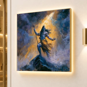 May include: A square wall art print featuring a blue-skinned figure standing on a dark mountain peak. The figure holds a trident and wears a yellow cloth. The background displays swirling dark blue clouds and a bright golden light emanating from above.
