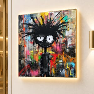Lienzo de arte urbano con grafitis, decoración de pared de arte callejero abstracto, pintura de personajes expresionistas coloridos.