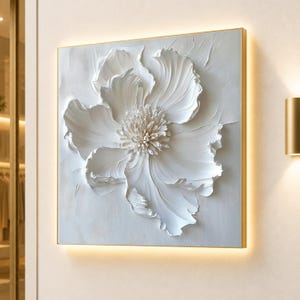 White 3D luxury Floral Canvas Art, Large Botanical Wall Decor (Ready to Hang)