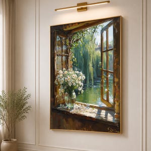 Open Window Daisy Bouquet Canvas, Summer Landscape Wall Art, Rustic Garden View