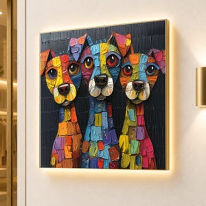 Kleurrijke patchwork honden canvas muurkunst, modern dierenportret, abstract huisdier schilderij, levendig canvas decor voor woonkamer