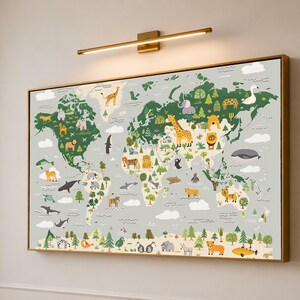 Tela con mappa del mondo degli animali fantasiosa, decorazione murale educativa per bambini, ideale per la cameretta dei bambini.
