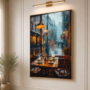Rainy Cafe Scene Canvas, Moody Urban Coffee Shop Wall Art, Warm Lighting Print