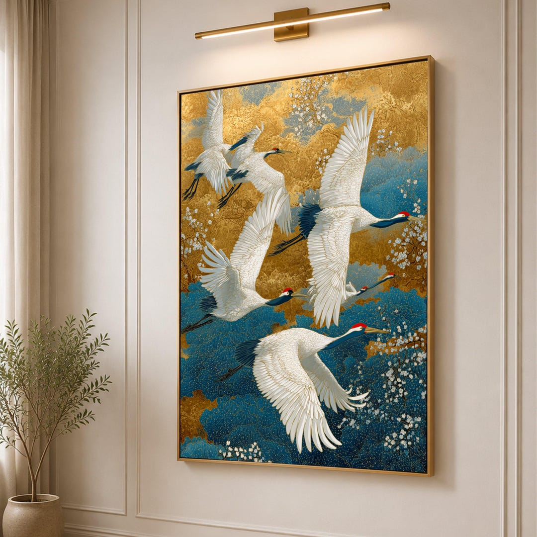 Elegant Flying Cranes Canvas Wall Art, Asian Inspired Bird