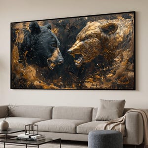 Roaring Bears Face-Off Canvas, Wildlife Animal Painting, Rustic Nature Decor