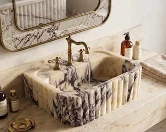 Hand Carved Calacatta Viola Marble Sink, Wall Mounted Luxury Natural Stone Bathroom Vanity
